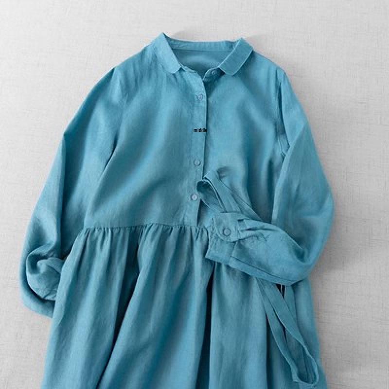 

2025 Ruffle Collar Long Sleeve Slimming Dress with Belt M озеро синий