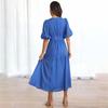 Women's Bohemian Long Dress Deep V Neck Puff Short Sleeve Swing Dress Summer Tiered Flowy A Line Midi Dress