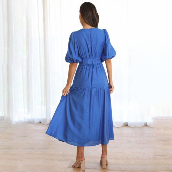 Women's Bohemian Long Dress Deep V Neck Puff Short Sleeve Swing Dress Summer Tiered Flowy A Line Midi Dress