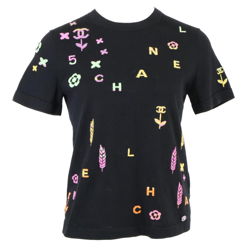 CHANEL Good condition, genuine Japanese product, P72160K10373, 22P, multi-logo icon cotton knit T-shirt tops 34 blackUsed