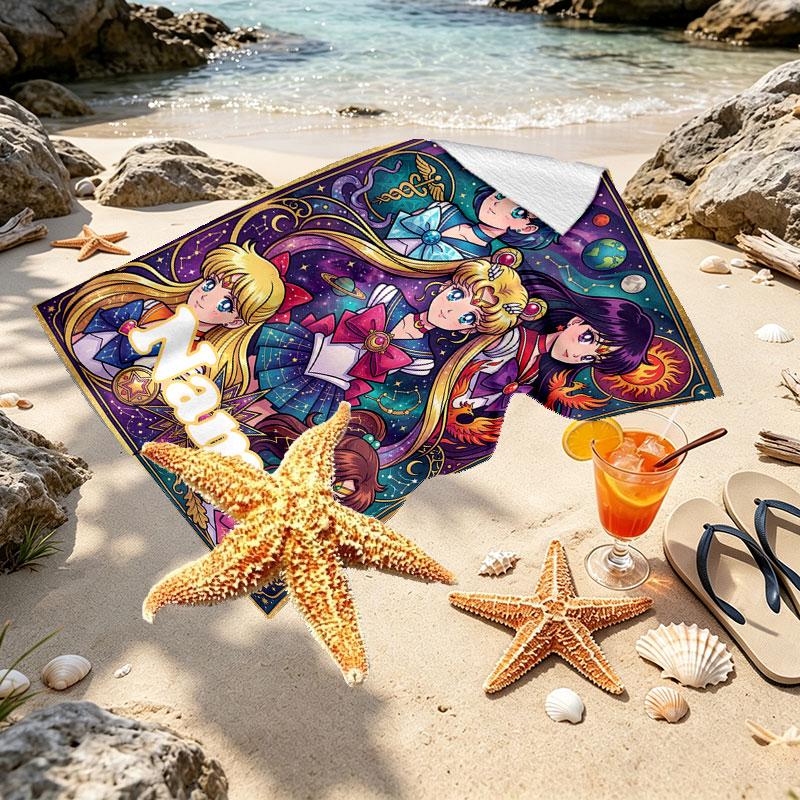 Custom Name Personalized Sailor Moon Print Beach Towel, for Trip Camping Beach Party Home Decor, Birthday Gift for Family & Friends