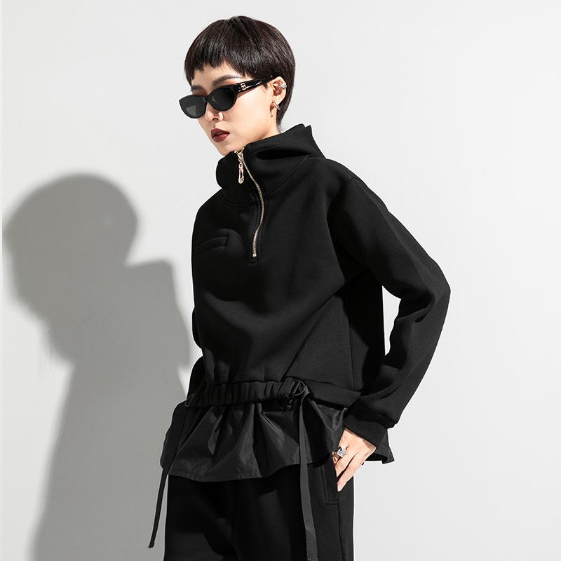 Custom Dark Style Women's Two-Piece Look Hooded Sweatshirt with Waist-Cinched Patchwork - Trendy European & American Design