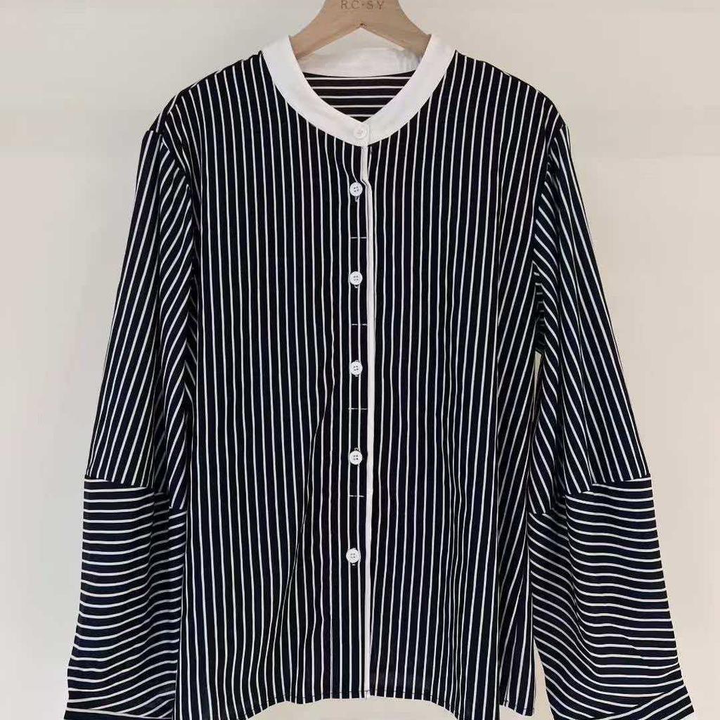1116 Autumn New Women's Lapel Japanese Cotton Shirt Loose Shirt Top Cardigan Striped Literary Style