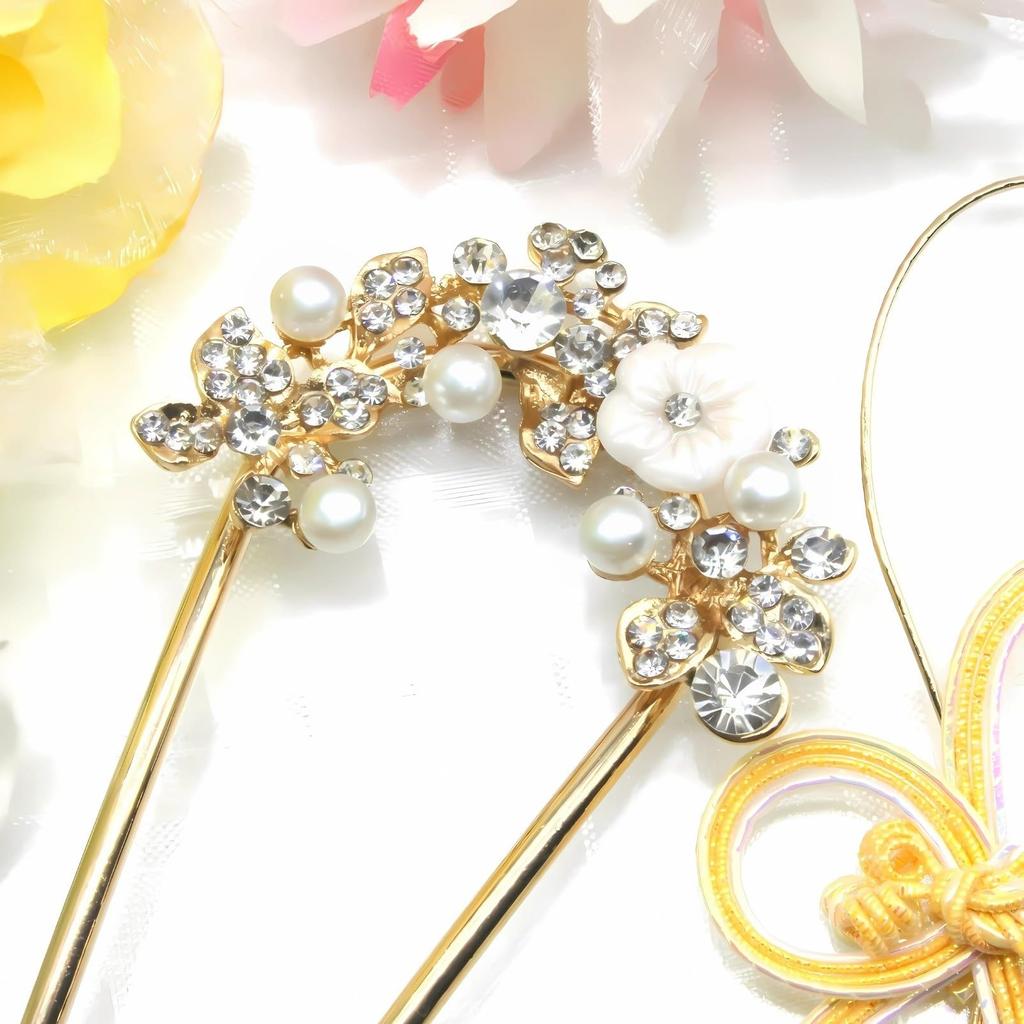 [MiaoMiao] Kanzashi Hair Ornament for Japanese Clothing, Yukata, U-shaped, Formal Kimono, Hair Accessory, Pearl, Metal, Antique White, Flower, Gold