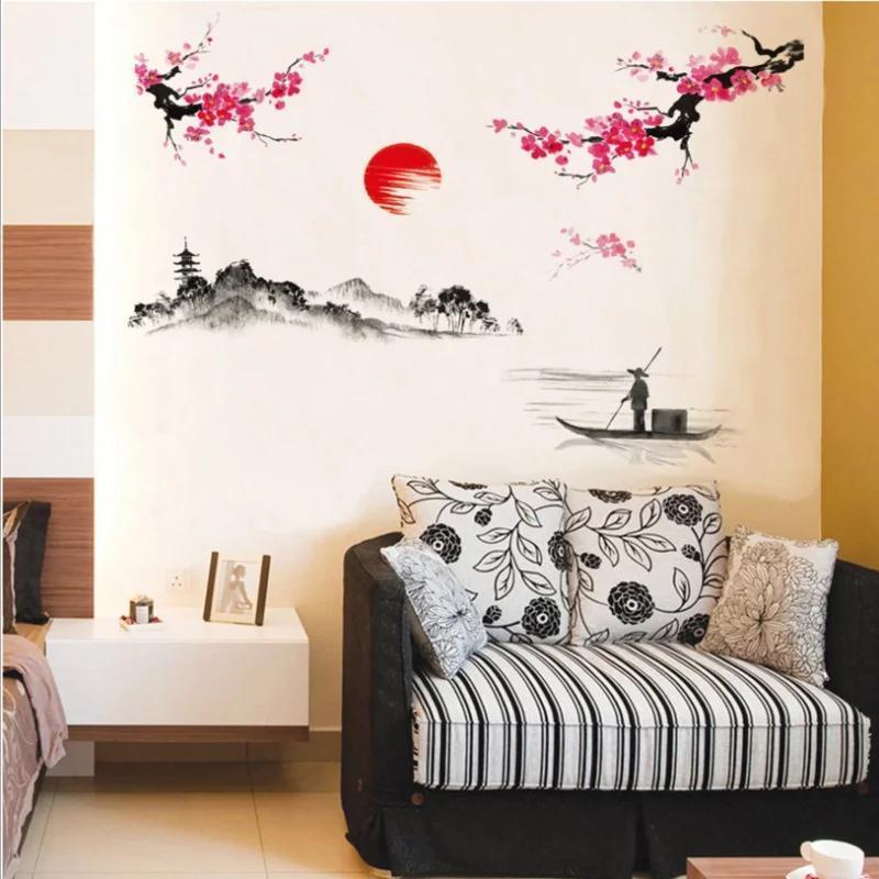 1 buc Stil Chinezesc Sakura Japonez Roz Cireș în Flori Decor Mural Decalcomanii Autocolant de Perete Poster Tapet Decor.