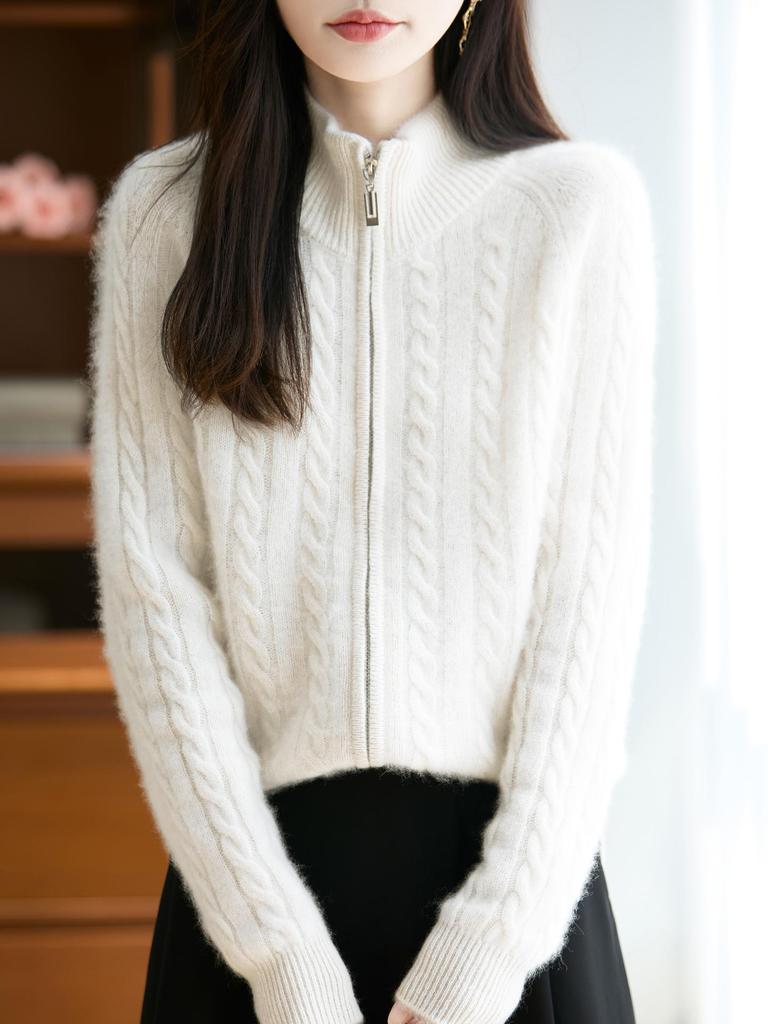Retro Double Zipper Cable Knit Cardigan – 100% Wool, Seven Gauge, Thickened for Autumn/Winter