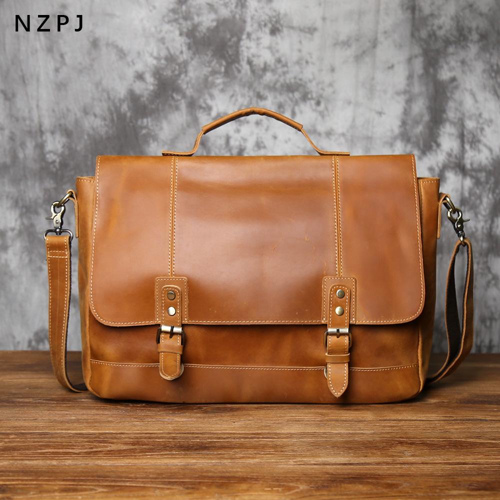 NZPJ Vintage Leather Men's Briefcase Crazy Horse Leather Handbag Casual Natural Cowhide Computer Bag Shoulder Messenger Bag