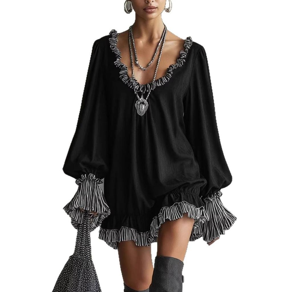 Vintage Black Princess Style Mini Dress, Ruffled Trim Slimming Elegant Dress