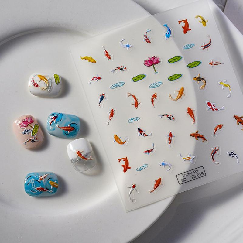 5D Embossed Colorful Lotus Leaf Small Fish Soft Relief Nail Art Stickers Diy