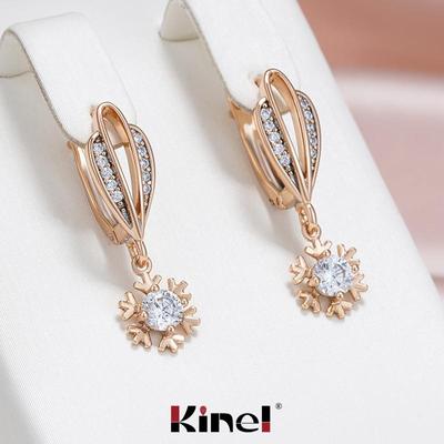 Orecchini pendenti con zirconi naturali Kinel con fiocco di neve per le donne Gioielli quotidiani in oro rosa Facile da abbinare