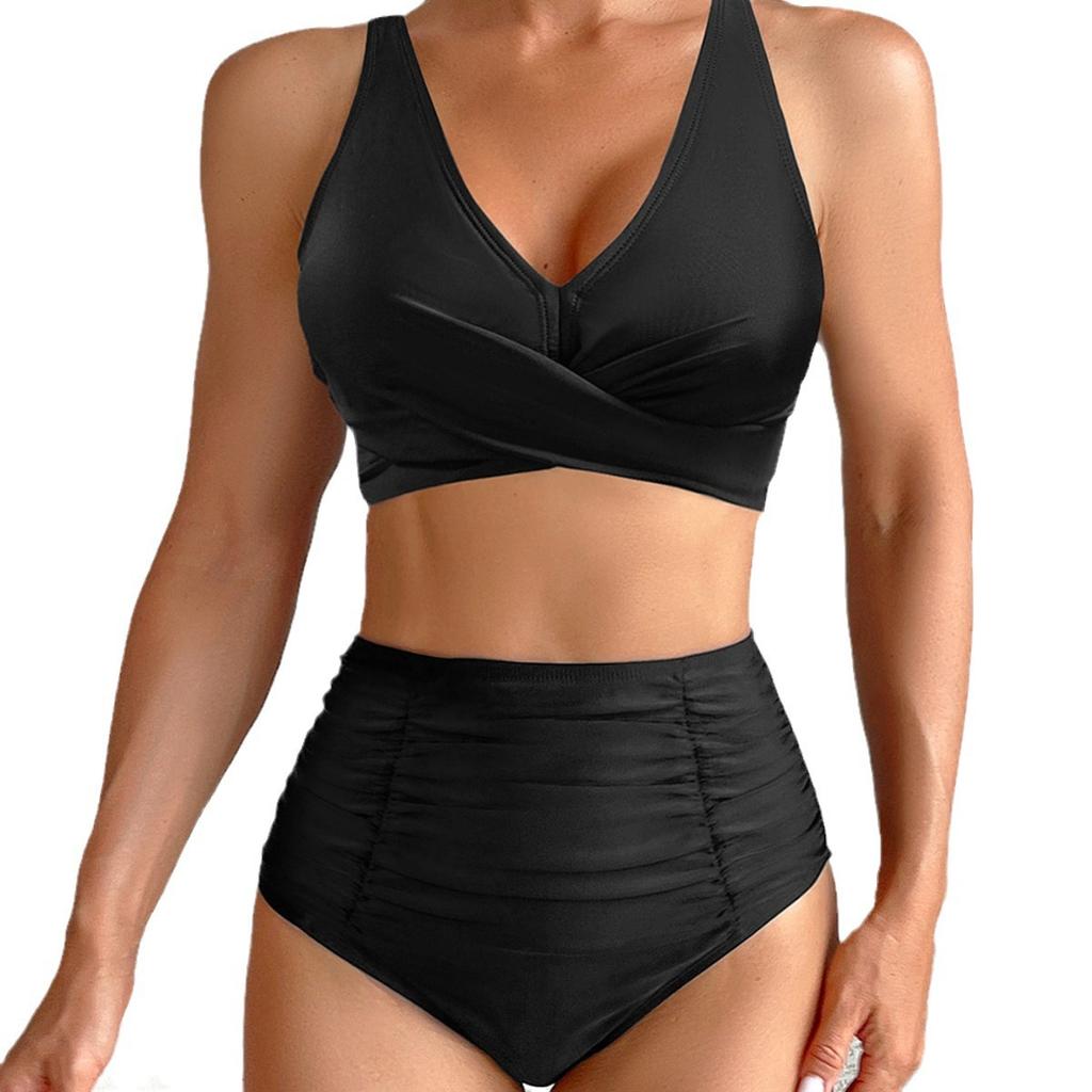 Solid Ruched High Waist Sexy Bikini Set Elegant Slimming Two Piece Swimwear