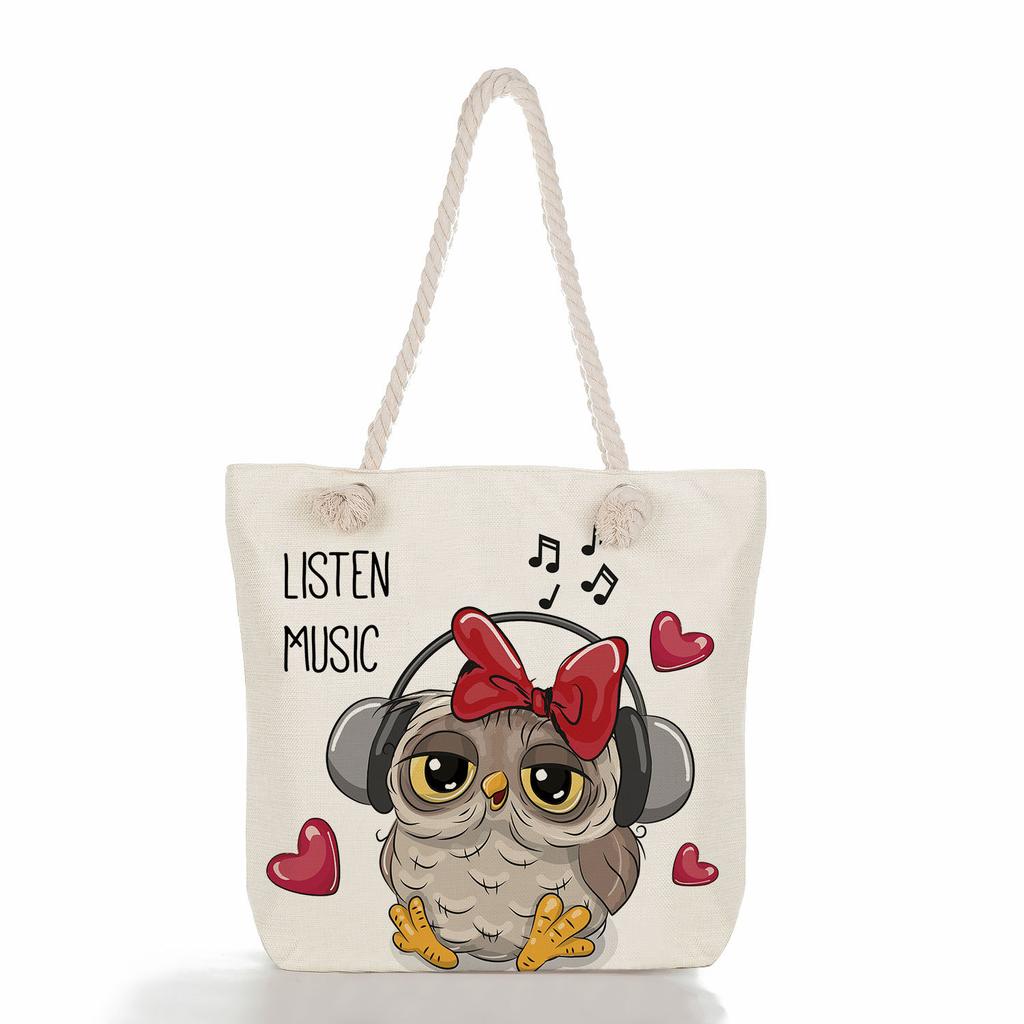 Cute owl print thick rope single-shoulder beach bag 7288 CLE