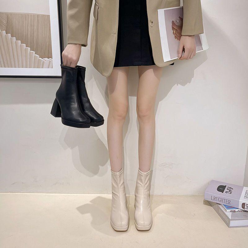 Short Boots Women's 2025 New Spring and Autumn Single Boots Martin Boots Round Head Waterproof Table Bare Boots Thick High Heel Boots Women's Boots