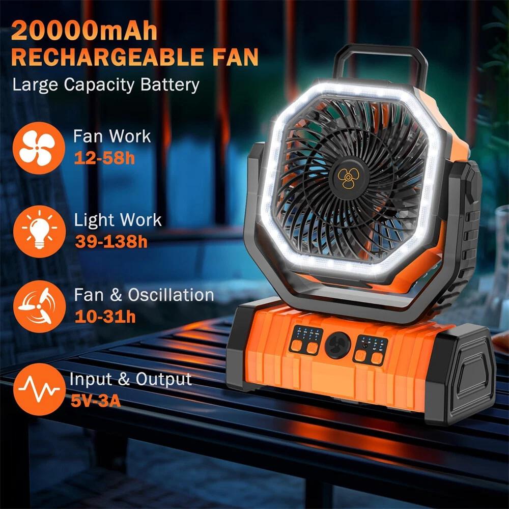 20000mAh Battery Operated Fan Portable Rechargeable Desk/Camping Fan with LED Light and Hook Outdoor Fan for Tent Car Trip