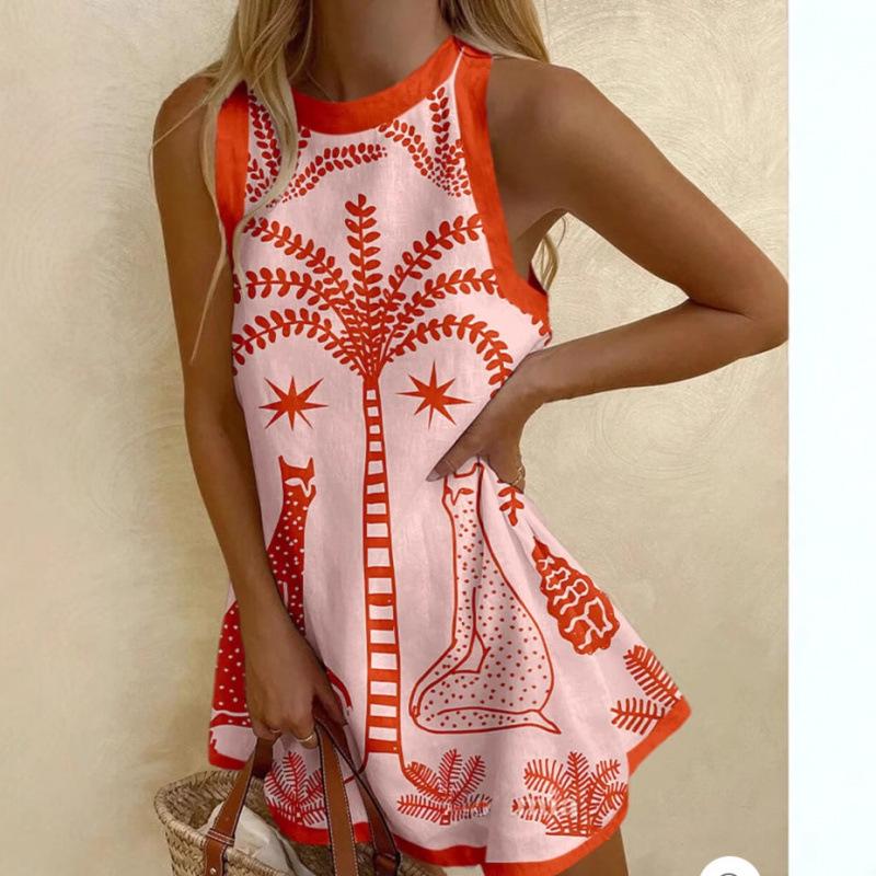 2025 European & American Printed Linen Sleeveless Mini Dress for Women