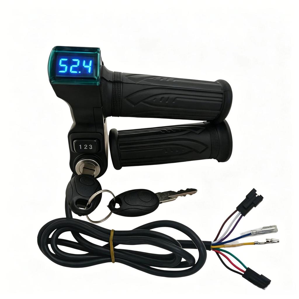 Blue Screen Electric Bicycle Throttle Grip with Large Handle Lock & 3-Speed Voltage Display