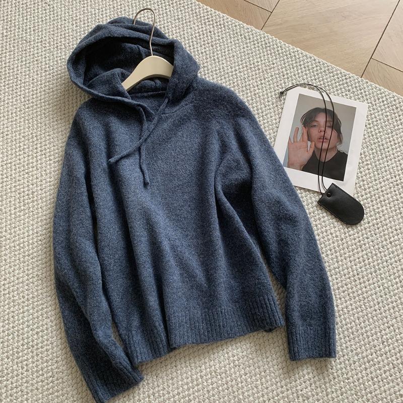 

Женский осенний теплый свитер с капюшоном из клейкого рисового бархата L синий
