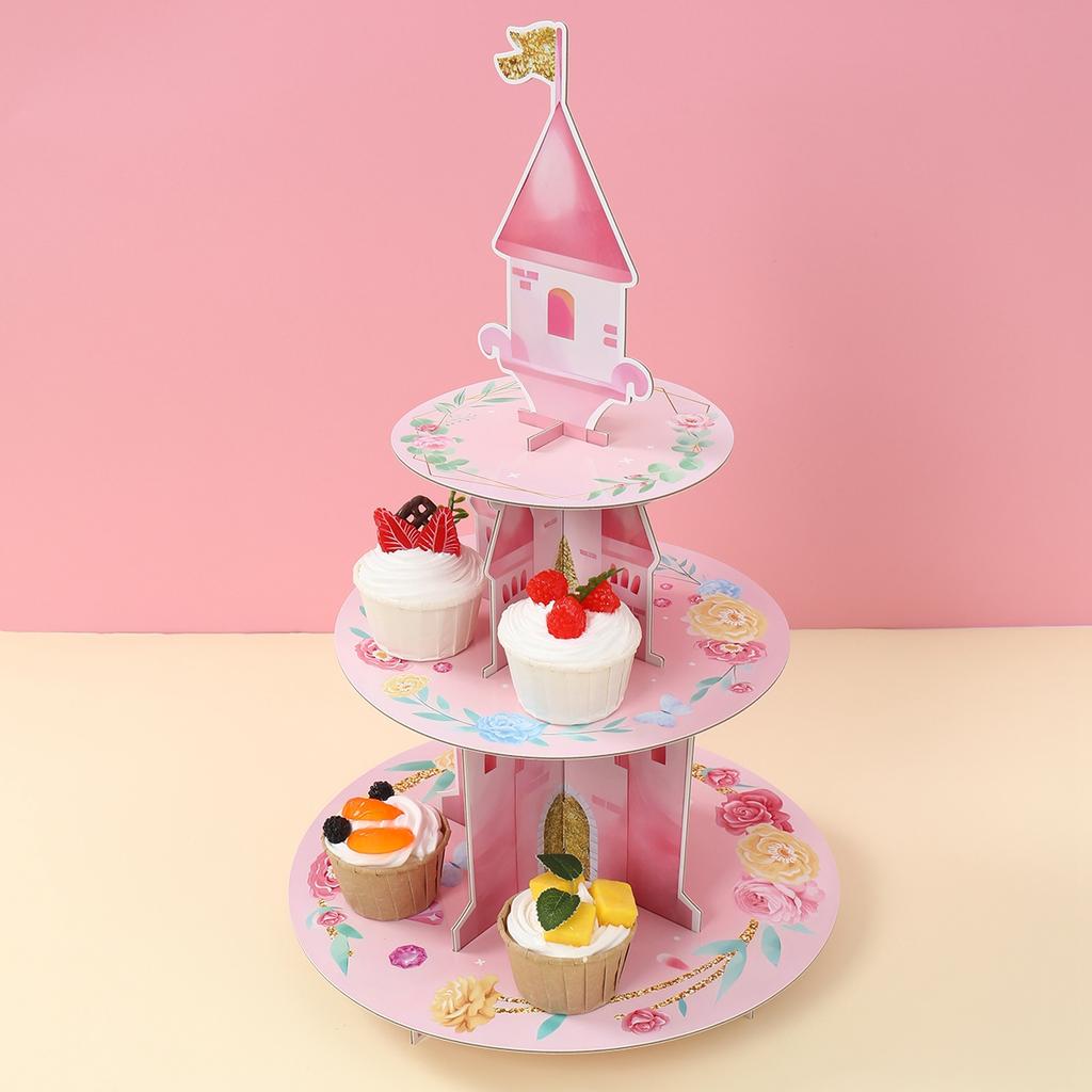 3 Layers Watercolor Princess Cupcake Stand Cardboard Castle Shape Cake Stand for Baby Anniversary Birthday Tea Party Supplies
