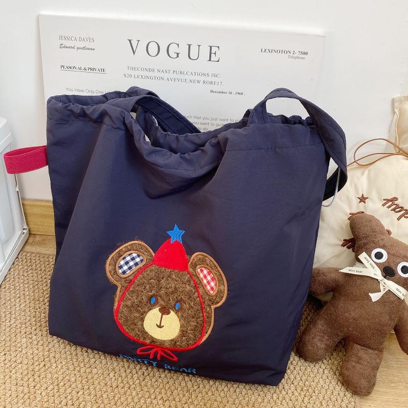 Cute Retro Embroidered Bear Nylon Women's Shoulder Bags Fashion Large Capacity Ladies Handbag Versatile Female Shopping Bag