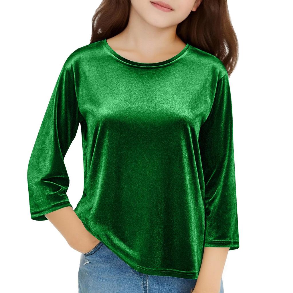 Girls Velvet Tops 3/4 Sleeve T-Shirts Velour Tees Shirts Color Basic Tshirts For Kids