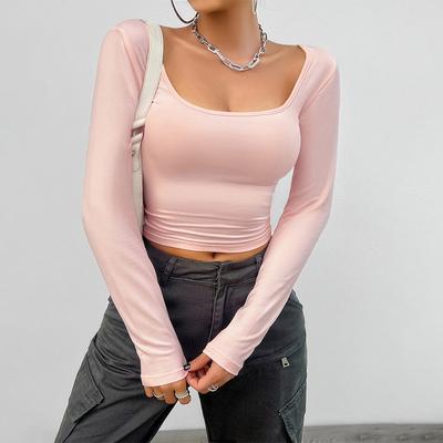 Frühling oder Herbst Damen T-Shirts Langarm Einfarbig und Ausgehöhlt Lässig Schlank O-Ausschnitt T-Shirts