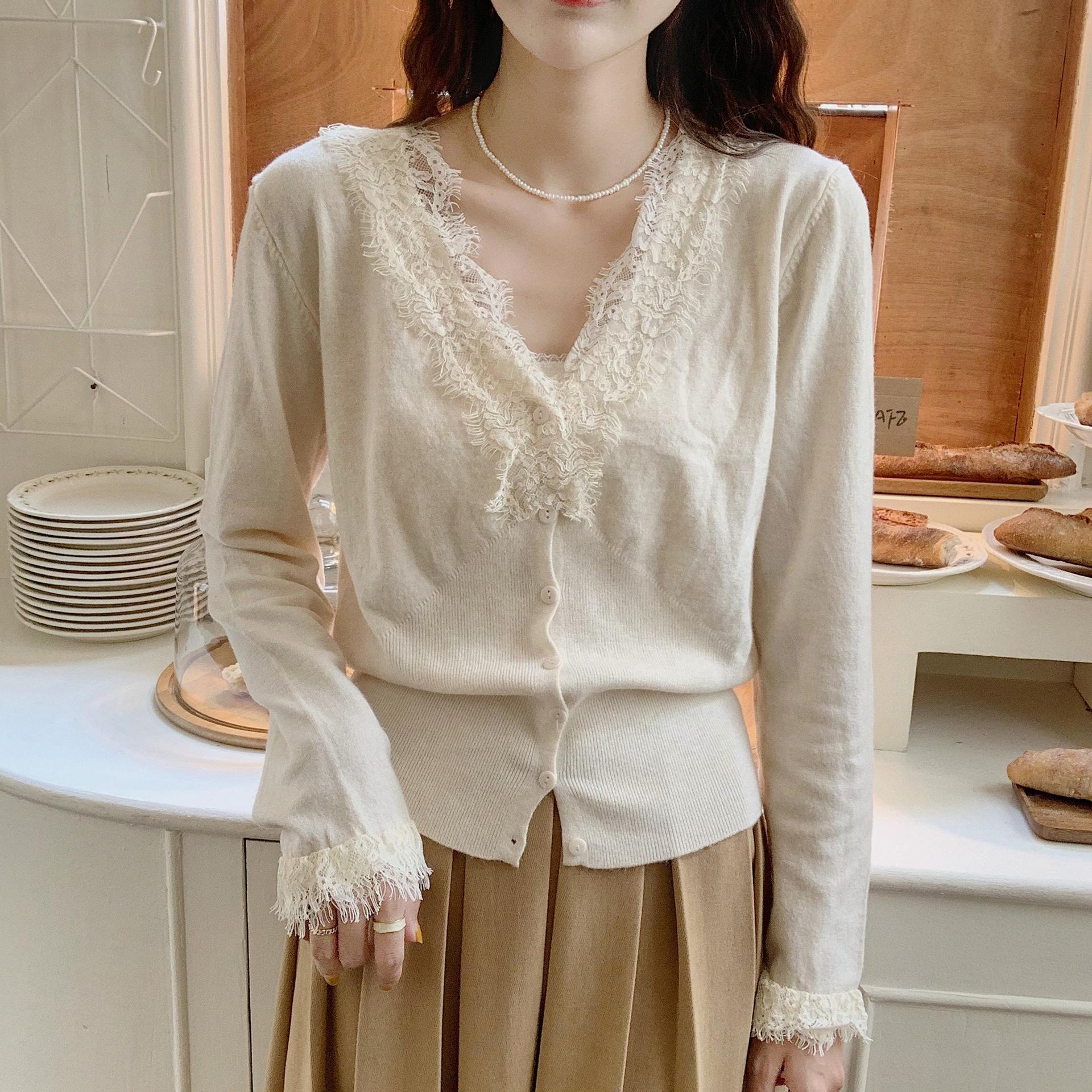 

Кружевной пэчворк тонкий трикотажный свитер с V-образным вырезом топ для женщин свободный низ кардиган M абрикосовый