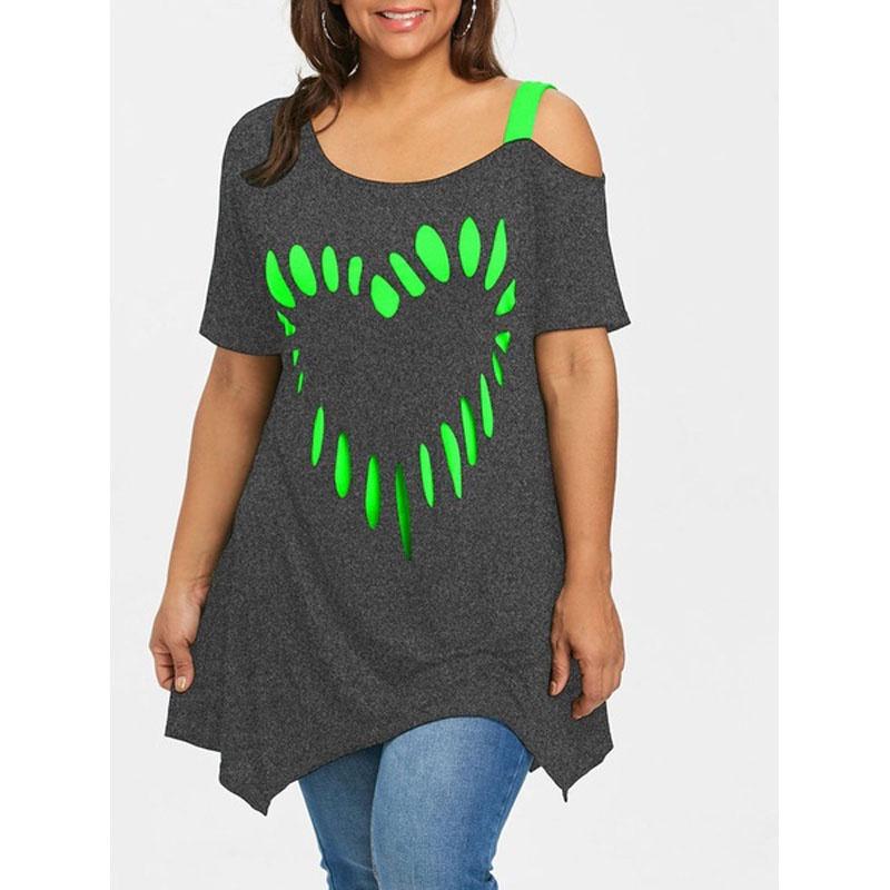 Stylish Womens Fashion Plus Size Off Shoulder Tops With Loose Heart Print Design