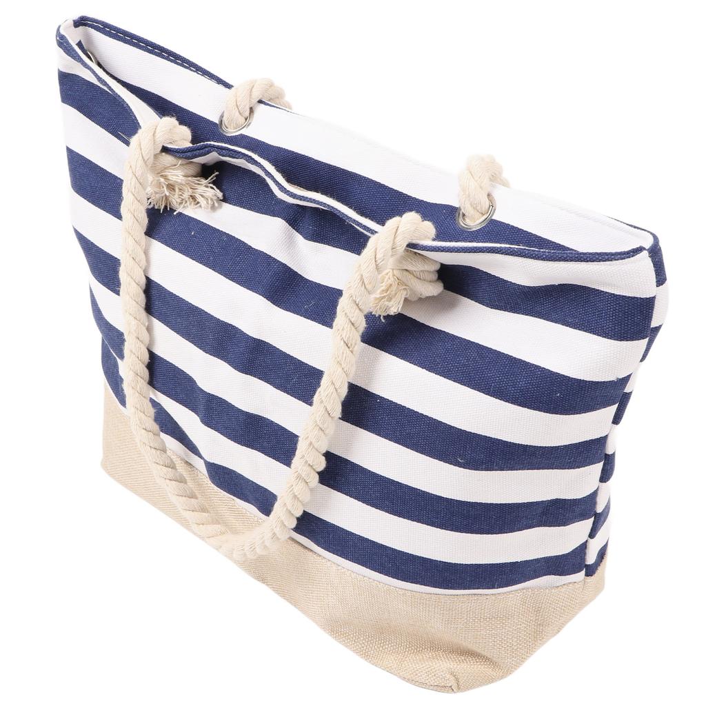 Women Canvas Shoulder Bag Stripes Printing Large Capacity Beach Bag for Shopping Traveling Navy Blue Free Size