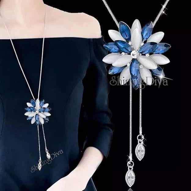Shining Diva Fashion Stylish Crystal Flower Silver Plated Long Chain Pendant Necklace for Women