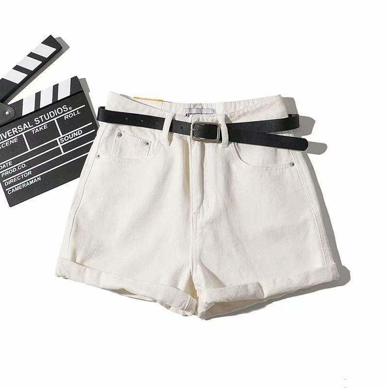 

Женские винтажные летние джинсовые шорты с поясом и карманами на молнии, женские шорты в стиле ретро L белый