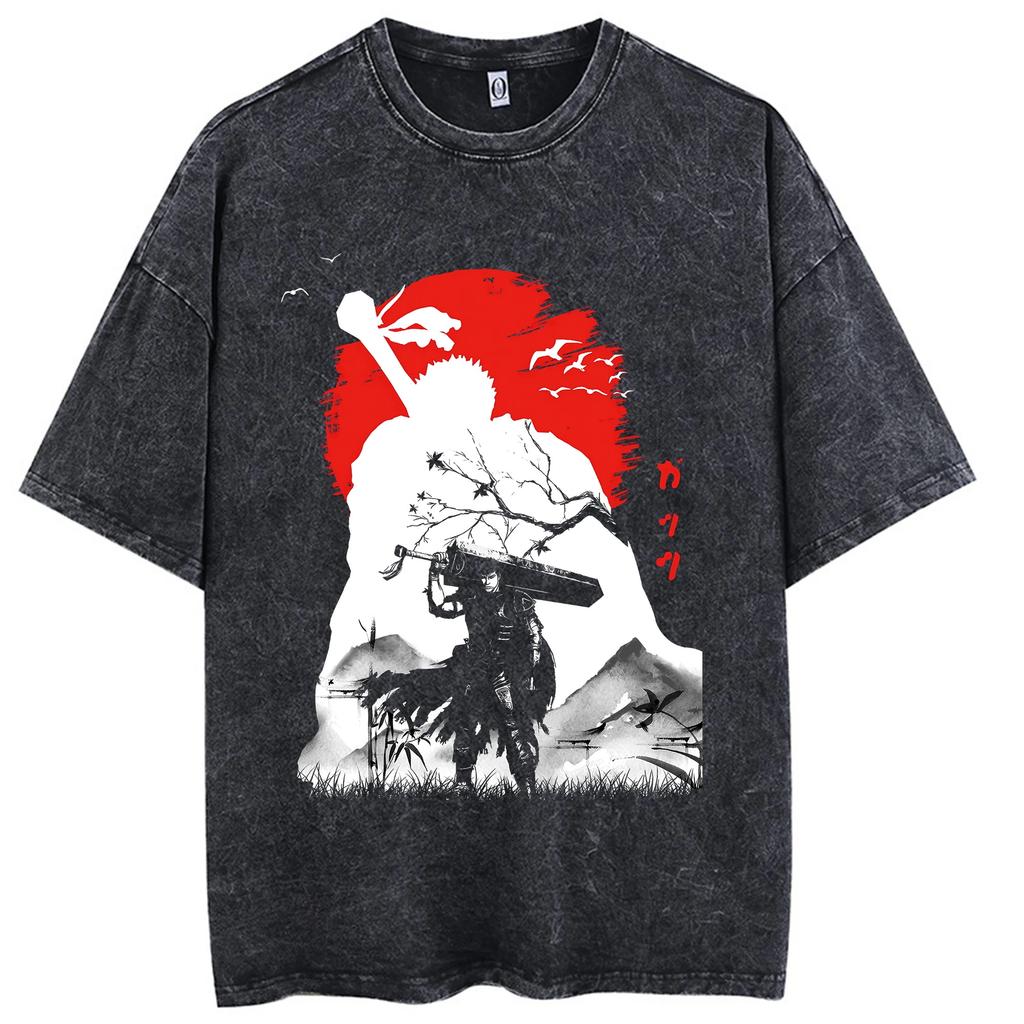 Camiseta Lavada Estampada de Anime Berserk Guts para Hombre Algodón de Alta Calidad Camisetas Vintage Oversize Street Tee Harajuku Camiseta Masculina