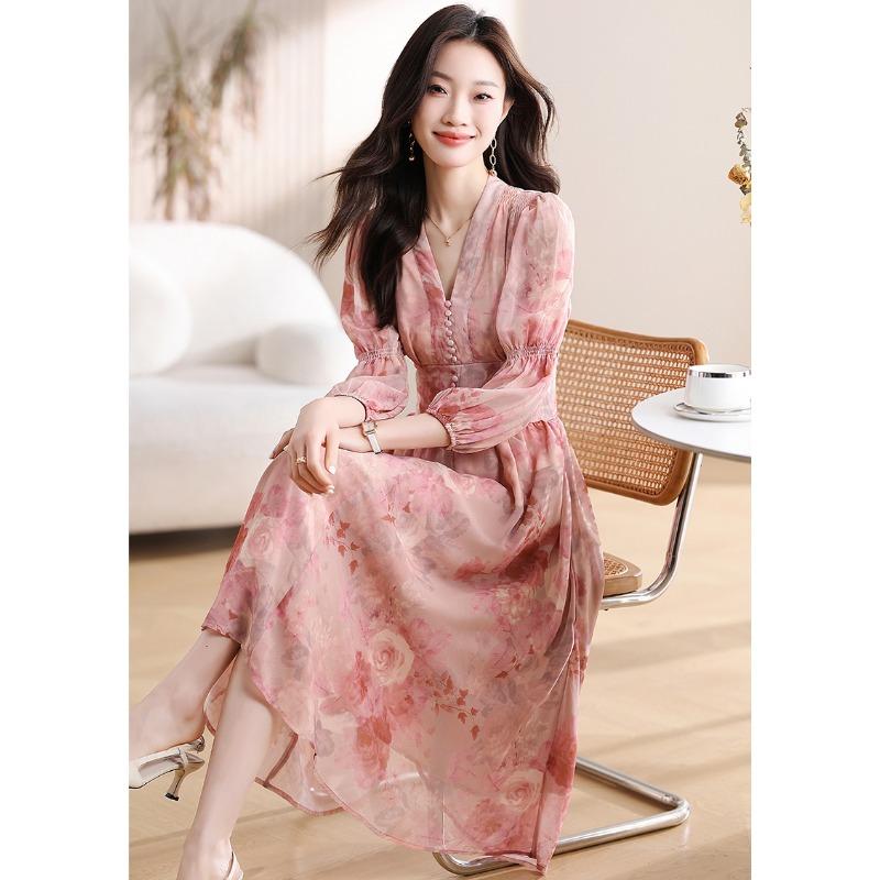 Romantic  Pink Floral Lantern Sleeve Beautiful Dress for Autumn