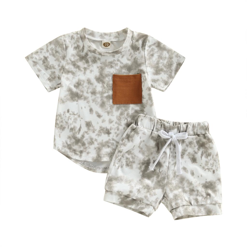 Baby Boys Shorts Set, Tie-dye Print Short Sleeve Crew Neck T-shirt with Elastic Waist Shorts Summer Outfit