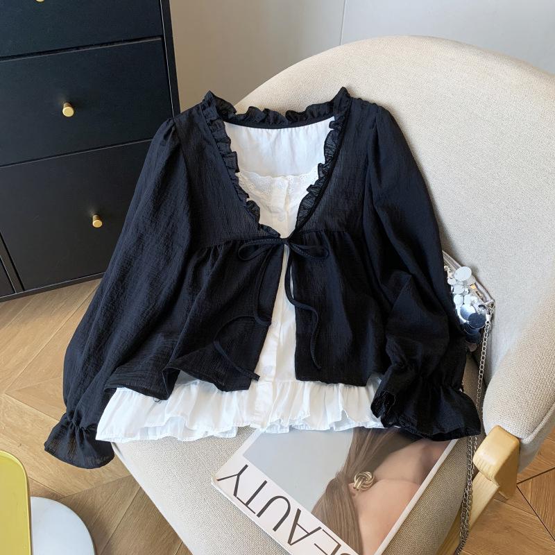 

В наличии Ранняя осень Блузка из двух частей с длинным рукавом и воротником-рюшем X-Large чёрный