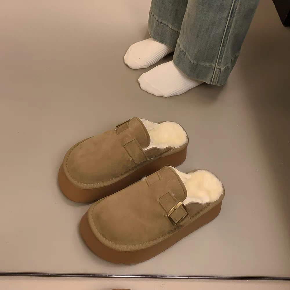 Thick-soled bag head hairy half slippers women's Birkenstocks 2025 new winter velvet warm Birkenstocks snow boots cotton shoes