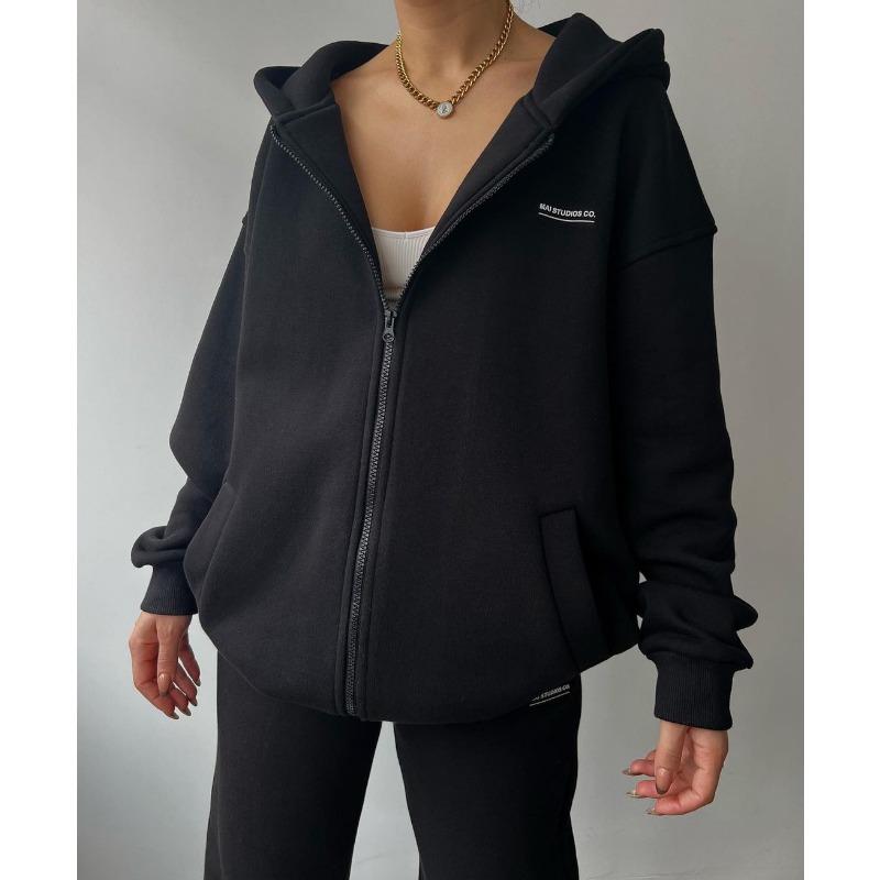 Damen Langarm Fleece Bedrucktes Kapuzensweatshirt und Lässige Hose Zweiteiliges Set
