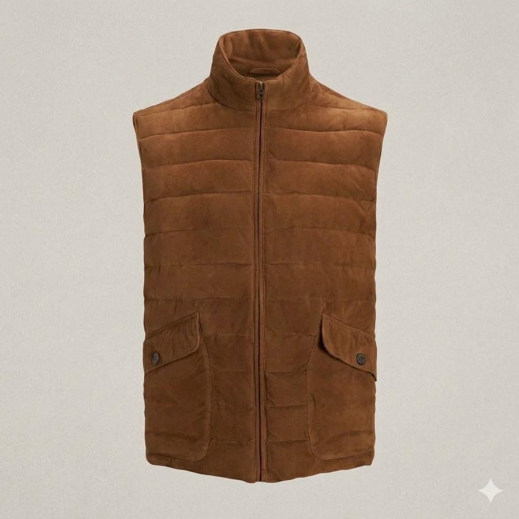 Gilet Piumino da Uomo in Scamosciato Vestibilità Biker Giacca Gilet Biker Fatto a Mano Pelle di Agnello Marrone
