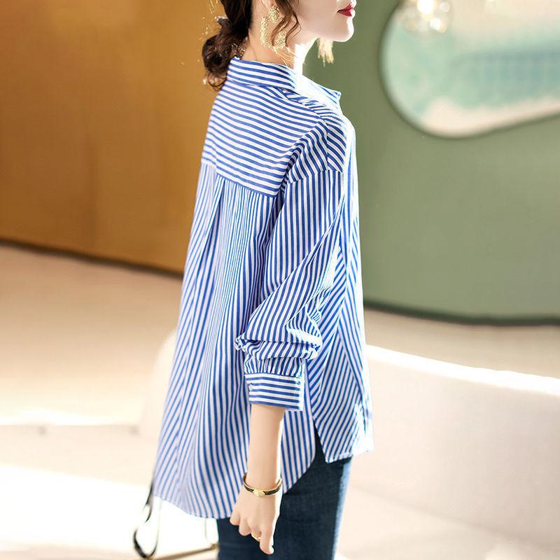 Vintage Casual Striped Printed Women's Shirt Spring Autumn Ladies Turn-down Collar Loose Fashion Long Sleeve Buttos Blouses