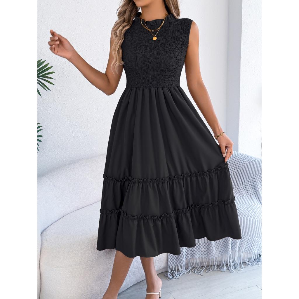 Spring Summer Women's Casual Smocked Waist Sleeveless Ruffle Trim Flowy Maxi Long Dress for European American Crossborder