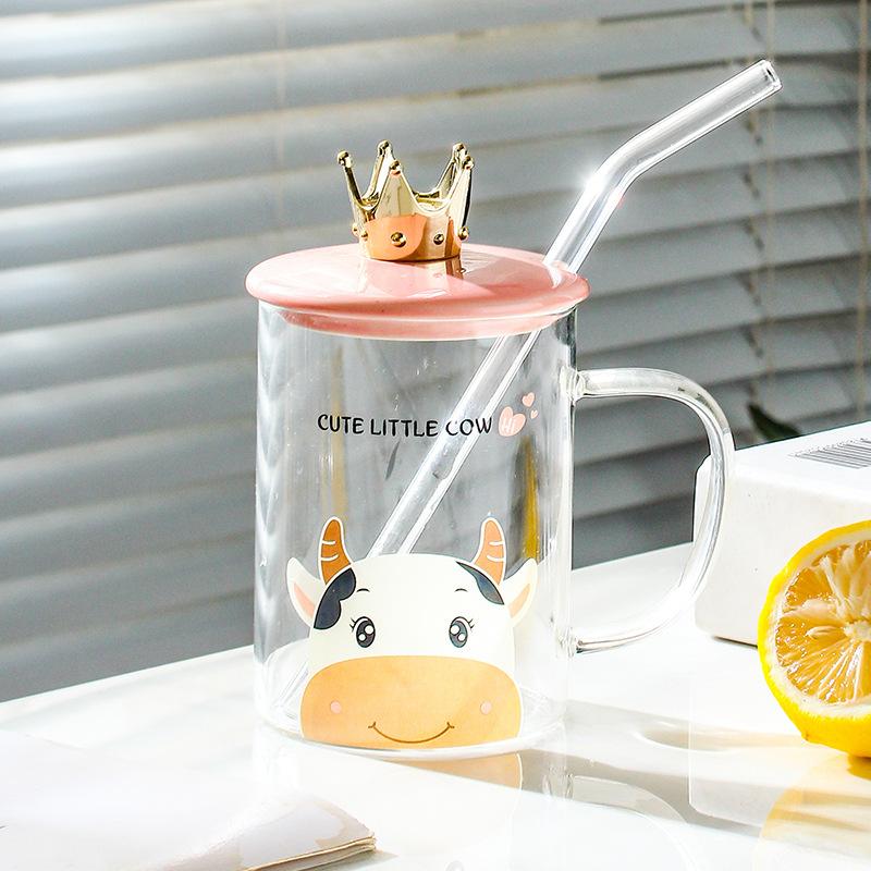 Keramiskt lock borosilikatglas sugrörskopp 500ML personlighet söt drickskopp stor kapacitet mugg med lock