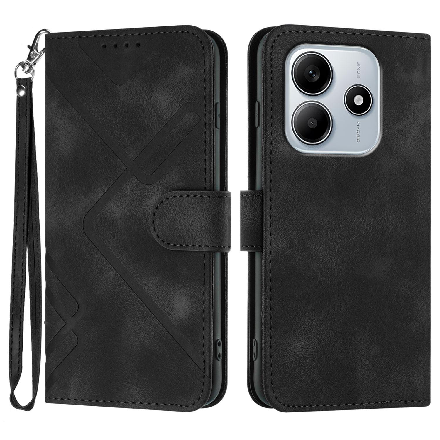 

For Xiaomi Redmi Note 13 4G Wallet Case Line Imprinted PU Leather Phone Cover with Strap Black