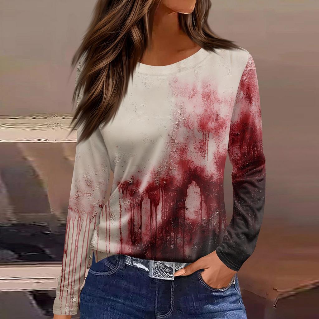 Women's Fashion Casual Slit Hem Round Neck Long Sleeve Loose Halloween Printed T-Shirt Ladies Top
