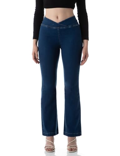 INKD Damen Mid Rise Schlaghose zum Überziehen | Enzymwäsche | Schräges Bündchen (Inkss24Wjn-404-Denim Delight-34), blau