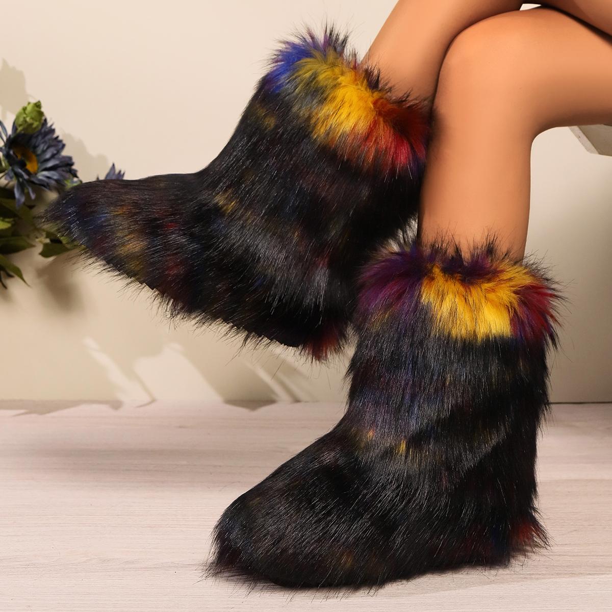 

Модные женские зимние сапоги для отдыха на открытом воздухе, роскошные меховые сапоги из искусственного меха лисы, новые модные сапоги WomanPlush Warm Platform Shoes Bottes 43 чёрный