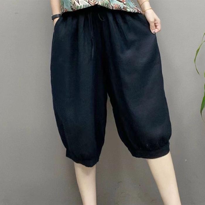 

Ice Silk Cotton Linen Women s Wide-Leg Lantern Pants, 2026 Summer Loose Plus Size, Solid Color Fashionable Five-Point Shorts XL - 115-130 jin чорний