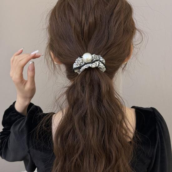 2Pcs Hair Tie High Elasticity Non-Slip Soft Chiffon Fabric Hair Rope with Imitation Pearl Design Floral Print Bun Half-Tied Hair Accessories