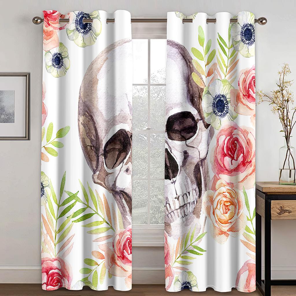 Death Skull and Flowers New series digital Print Drape Livingroom Space Bedchamber 90g polyester curtain fabric two panels