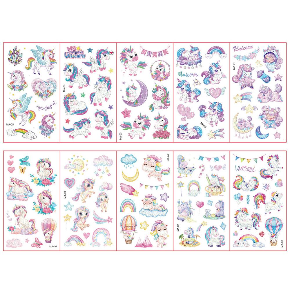 10 Sheetsset Children'S Colorful Glitter Tattoo Stickers Cartoon Animal Unicorn Butterfly Temporary Fake Tattoos Kids Gift