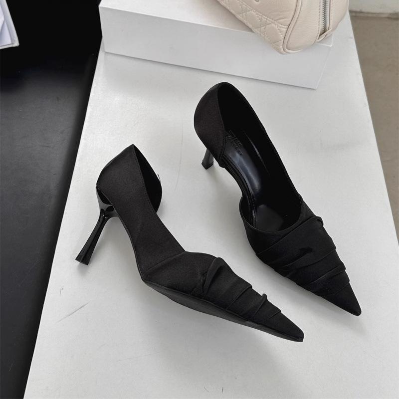 

Noble texture! Cold silver pointed wrinkled high heels women s thin heels shallow mouth side empty shoes 35