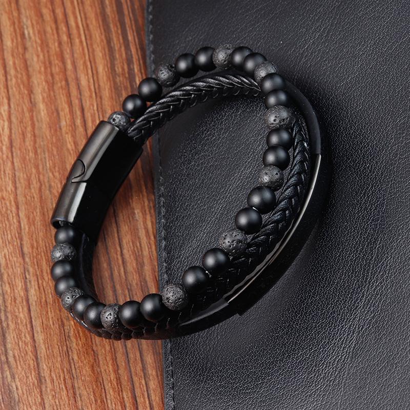 Fashion Natural Stone Beads Men Bracelet Multilayer Leather Bracelet Punk Jewelry Stainless Steel Magnetic Clasp Bangles